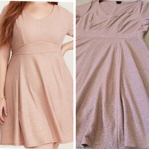 Torrid 2X Pink Peplum A-Line Dress V-Neck Short Sleeve Skater Gold Pink Shimmer